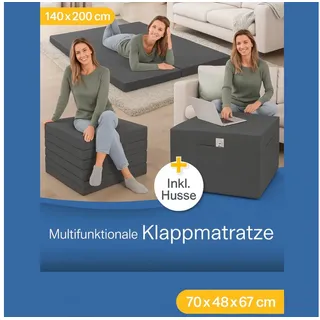 Klappmatratze 3-in-1 mit waschbarem Bezug, platzsparend als Sitzwürfel nutzbar, belviona, 8 cm hoch, Faltbares Gästebett mit Seitentaschen 140x200 cm grau
