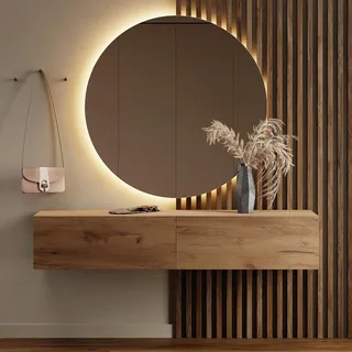 Planetmöbel Flur Möbel Garderobe 1x Hängeschrank 160 cm gold eiche mit Nova Spiegel 100 cm