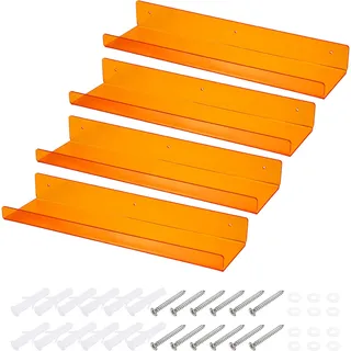 QUARKZMAN 4 Stk Wandregal Orange Schweberegal Acryl 38cm Schwebendes Bücherregal Wandmontage Ausstellungsregal Organizer für Badezimmer Schlafzimmer Wohnzimmer Zimmerdekoration