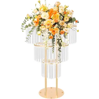 Blumenständer, 3 Etagen, Gold, Kristall, Für Hochzeit Tischdeko | Hängende Kristalle, Elegante Optik, Festsaal, Empfang, Bankett, Für Blumenarrangements