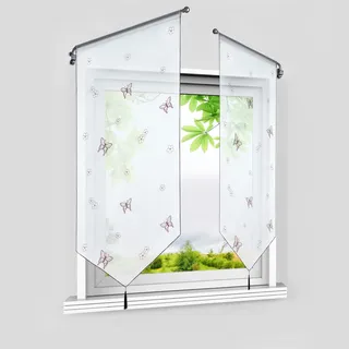 HeichkelL Voile Scheibengardinen Schmetterling Muster Transparente Bistrogardine mit Quaste Fenster Kurzstore Blumenmotiv Küche Tunnelzug 1 Stück Violett BxH 40x90 cm