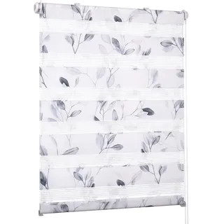 Deswell Doppelrollo Klemmfix ohne Bohren Weiß-Blätter B90 x H150 cm (Stoffbreite 86cm) Rollos für Fenster ohne Bohren mit Blüten Motiv Duorollo für Lichtdurchlässig Höhe Stufenlos Verstellbar