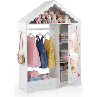 COSTWAY Kinder Kleiderschrank in Hausform, Kindergarderobe mit Spiegel, Kleiderstange, Regalen&Haken, Kinder Kleiderschrank, für Kinder 3+Weiß - Weiß