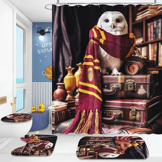 Fadaing Eule Duschvorhang-Sets Aquarell Eule Duschvorhang 180x200 Cartoon Eule Textil Duschvorhänge Polyester Badezimmerteppich 4-teiliges Set Mit 12 Ringen (4,180×200cm)