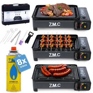 ZMC 2-in-1 tragbarer Gaskocher + Gasgrill Klein inkl. Zubehör, mit 8X Gaskartuschen, Campingkocher, mit Grillplatte + Grillrost, Tischgrill mit Tragekoffer, 3,8kg, Piezo-Zündung, für Outdoor, Balkon