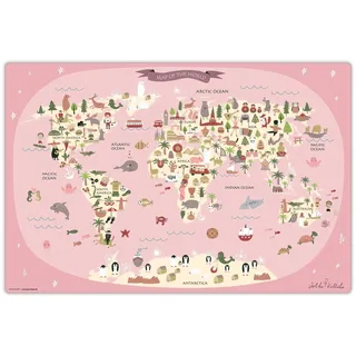 Schreibtischunterlage abwischbar für Kinder – Weltkarte in rosa mit Tieren – 60 x 40 cm – aus hochwertigem Vinyl - Made in Germany