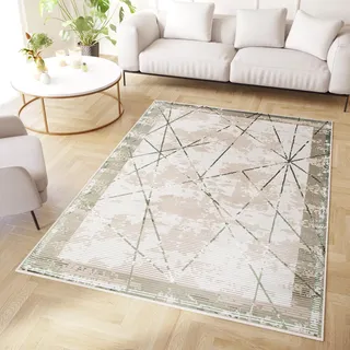 TAPISO Crystal Teppich Kurzflor Glänzend Hellgrün Rahmen 120 x 170 cm | Streifen Geometrisch 3D Effekt Wohnzimmer Schlafzimmer Modern Design OEKO-TEX
