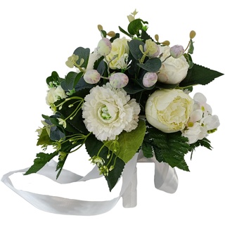 DRW Hochzeitsstrauß Beige und Weiß mit Pfingstrosen, Kamelien und Eukalyptus Künstlicher Blumenstrauß Braut Beige 28x32Ø cm