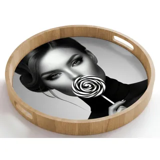OnlyWow Tablett Rund mit Henkel Frau - Lolly - Schwarz, Eichenholz, (1-tlg), Servierbrett Groß, Tischdeko, Platte, Tisch Deko 50 cm x 50 cm x 5 cm