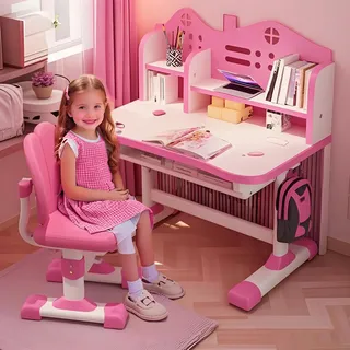 ilkqeppe Kinder-Schreibtisch- und Stuhl-Set, Kinderschreibtische, Mädchen-Schreibtisch für Kinderzimmer, höhenverstellbarer Kinder-Lerntisch und Stuhl-Set mit Schublade