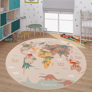 TT Home Kinderteppich Babyzimmer Teppich Kinderzimmer rutschfest Tiere Weltkarte Autos, Farbe:Grün Beige Braun, Größe:200 cm Rund