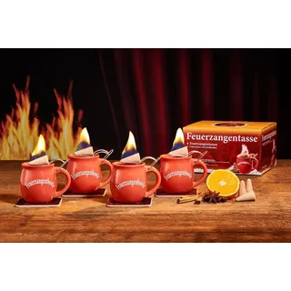 Feuerzangentasse Bowle-Set Feuerzangentasse 4er-Set (Feuerzangenbowle Set, 9-tlg., 4x Feuerzangentasse, 4x Korkuntersetzer, 1x Rezeptheftchen), hitzebeständige Keramik, Edelstahl-Feuerzange orange