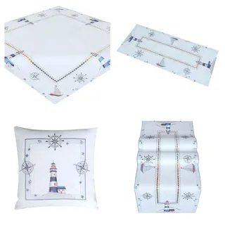 Tischdecke Tischläufer Mitteldecke weiß blau Stickerei Maritime Motive Segelschiff Steuerrad Leuchtturm Cutworkstil (40 x 140 cm)
