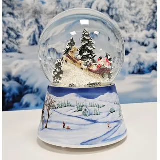 Schneekugel Weihnachtsmann im Schlitten auf Sockel nostalgische Schneelandschaft Mittelblau Weihnachten Winter mit Spieluhr - 100mm breit * 20105