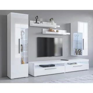 Wohnwand OTTO HOME "India,Breite 245cm moderne Mediawand ohne Beleuchtung", weiß (weiß, weiß hochglanz), B:245cm, ABS-Kunststoff, Glas, Holzwerkstoff, Kunststoff, Metall, Kastenmöbel-Sets, Wohnwand, Anbauwand (Set,5-St, 1xVitrine,1xHängevitrine,1TV-Schrank,2xWandregal)