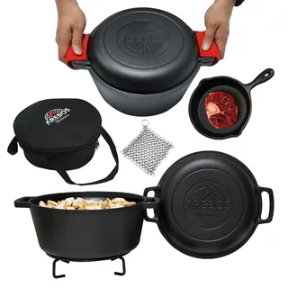 Arebos Dutch Oven Set 2in1 | Gusseisen Topf 4,8 L & Pfanne 1,8 L | Zubehör | Eingebrannter BBQ Feuertopf & Bratpfanne | Doppelfunktion Deckel/Bratpfanne | Gulaschkessel für Outdoor & Indoor