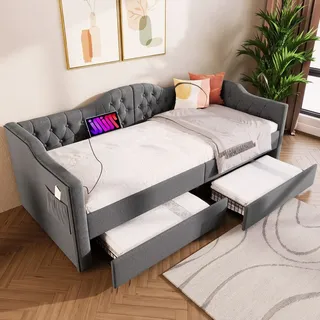 Multifunktionales Polsterbett mit USB- und Type-C-Ladeanschlüssen, zwei Schubladen und elegantem Design, Linen, in Grau, 90x190 cm - Grau