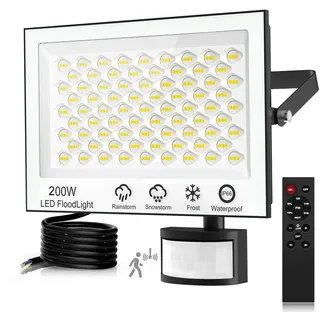 Viugreum 200W LED Strahler mit Bewegungsmelder 20000lm Außen IP66 Wasserdicht Scheinwerfer 6500K Aussenleuchte Kaltweiss Fluter Außenstrahler für Garten