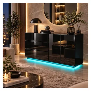 PXloue Sideboard Hochglanz Kommode( LED-Ambientebeleuchtung) , Modernes Sideboard mit 3 Schubladen und 2 Fächern, Breite 160 cm schwarz