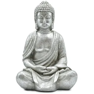 Buddha Figur sitzend 48cm groß, Dekofigur für Wohnzimmer und Bad, Buddhafigur meditierend, Feng Shui, Deko Skulptur, Statue, Silber