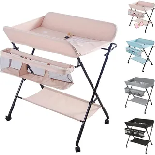 Wickeltisch, Wickeltisch und Badewanne, 2-in-1, für Babys, von Geburt bis 12 Monate (bis 25 kg), Wickeltisch, faltbar, tragbar, Wickeltisch für Babys, mit 4 Rollen (Rosa)