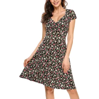 Beyove Damen Jersey Kleid Blumen Skaterkleid V-Ausschnitt Sommerkleider Muster Jerseykleid Sexy Kurz oder Langarm A-schwarz XL - XL