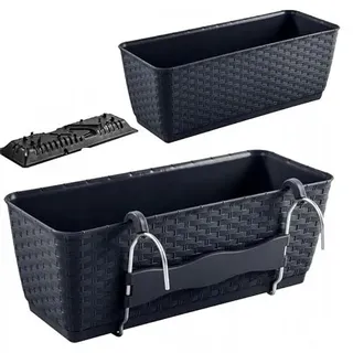 R.G. Blumenkasten Geländerkasten Balkonkasten mit Aufhänfung Hängetopf Blumentopf Rattan Optik Ratolla Halterungen Untersetzer mit Bewässerung Anthrazit (59cm)