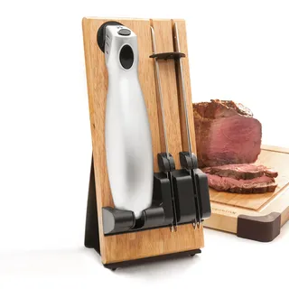 FISHTEC - Kabelloses Elektrisches Küchenmesser - Easy Cut Plus - Wiederaufladbar mit Holzhalterung - 2 Edelstahlklingen - Mühelose Schneidung von Brot, Fleisch - Ergonomisch & Leistungsstark - Grau