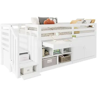 XDOVET Multifunktionales Kinderbett aus Holz,mit Treppe und Stauraum,Treppen/Schränke links und rechts austauschbar,Schubladen umdrehbar