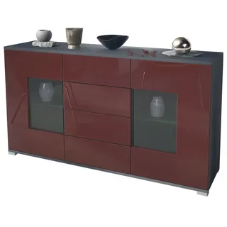 Vladon Sideboard Grömitz V1 (Kommode mit 2 Türen, 4 Schubladen und 2 flexible Glaseinlegeböden), Anthrazit matt/Bordeaux Hochglanz (138,5 x 75,5 x 35) rot