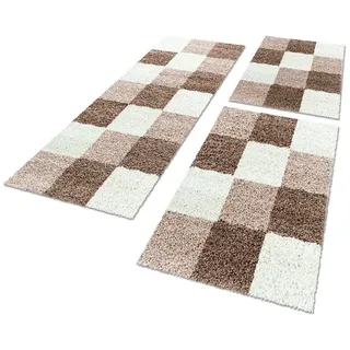 Carpettex Hochflor-Bettumrandung Kariert Design, Höhe 30 mm, (Bett-Set, 3-tlg., Bettvorlage), Schlafzimmer Teppich Bettumrandung Läufer Set 3 teilig 2 St. x 60 cm x 110 cm | 1 St. x 80 cm x 250 cm
