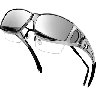 KANASTAL Überbrille Sonnenbrille Herren und Damen Verspiegelt Silber Überzieh Sonnenbrille für Brillenträger Transparent Grau Rahmen Überziehbrille UV400 Schutz - Einheitsgröße