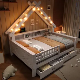 Merax Tagesbett Kinderbett in Hausform 140x200 cm, Daybett mit LED-Beleuchtung, USB, Ablagefächern und Schubladen, Schlafsofa Jugendbett, Weiß - Weiß