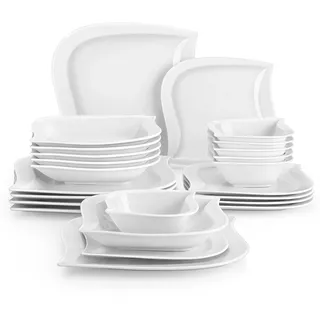 MALACASA Elvira Geschirrset 6 Personen, 24-tlg Porzellan Teller Set | Modernes Geschirr Set, Tafelservice mit je 6 Speiseteller, Dessertteller, Suppenteller und Müslischalen, Cremeweiß
