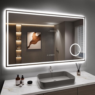 Dripex Badspiegel mit Beleuchtung Led Spiegel mit 3-Fach Schminkspiegel, Uhr und Steckdose, Dimmbar, 3 Lichtfarbe Einstellbare Badezimmerspiegel mit Beleuchtung, Beschlagfrei 60 x 100 cm