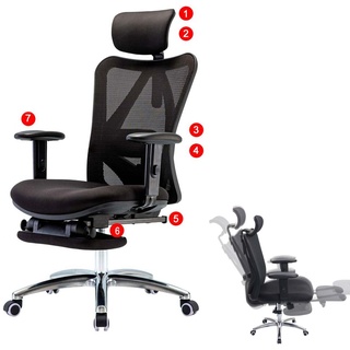 SIHOO Bürostuhl Schreibtischstuhl, ergonomisch, verstellbare Lordosenstütze, 150kg belastbar mit Fußstütze, schwarz