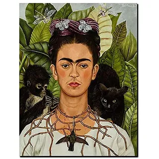 Frida Kahlo Selbstporträt mit Affen und schwarzer Katze Poster Ölgemälde Leinwanddruck Wandkunst Bild Home Schlafzimmer Wohnzimmer Dekor, rahmenlos,40x50cm