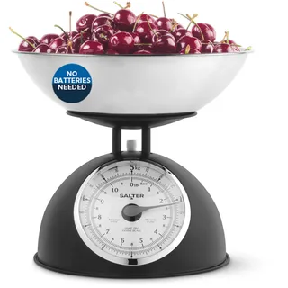 Salter Timeless Mechanische Küchenwaage 5 kg, ohne Batterie | 2-l-Schüssel, spülmaschinengeeignet, ablesbares Zifferblatt, schwarze Oberfläche, Retro-Stil, für trockene/feuchte Zutaten