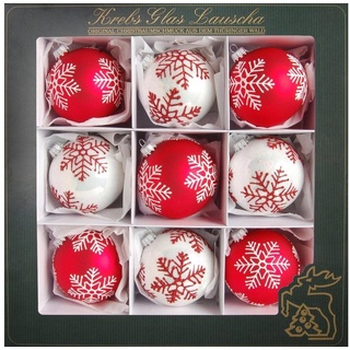 Krebs Glas Lauscha Weihnachtsbaumkugel Schneeflocken, Weihnachtsdeko rot, Christbaumschmuck (9 St), hochwertige Christbaumkugeln aus Glas, mundgeblasen rot|weiß