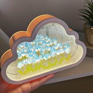 DIY Cloud Spiegel Tulpe Lampe Kreative Raumdekoration Licht & Spiegel 2 in 1 Tragbare LED Nachttischlampen Romantische Blumenlichter Batteriebetrieben (Blau)