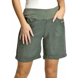 Mississhop 293 Damen Leinenshorts Bermuda lockere Kurze Hose Freizeithose 100% Leinen Shorts mit DREI Knöpfen Sommer Strand Oliv 2XL - 42