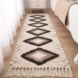 Boho-Läufer, waschbar, 60 x 180 cm, rutschfest, gummierte Unterseite, für Küche, Bauernhaus, Bodenmatte mit Quasten, getuftete gewebte Baumwolle, Eingangsbereich, Braun