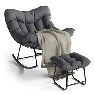 GarveeMore Schaukelsessel Grand Patio Outdoor Schaukelstuhl mit Fußhockel Modern Lounge Chair grau