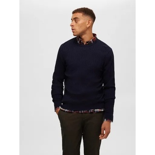 Rundhalspullover SELECTED HOMME "SLHBERG CABLE CREW NECK NOOS" Gr. L, blau (navy blazer) Herren Pullover Rundhalspullover
