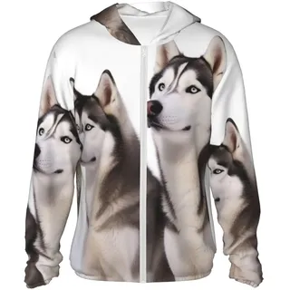 Husky Dogs Sonnenschutz-Kapuzenjacke mit durchgehendem Reißverschluss, LSF 50+, langärmeliges Sonnenshirt mit Tasche, Outdoor, Schwarz, Größe L