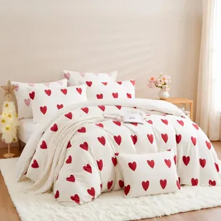 Nayoroom Winter Bettwäsche 220x240 Weiß Rot Herzen Plüsch Winterbettwäsche | Flanell,Fleece,Winterbettwäsche,Warm,Cashmere Touch,Flauschige,ÖKO-TEX,Cashmere Touch,Wendebettwäsche,2 Kissenbezüge 80x80 cm