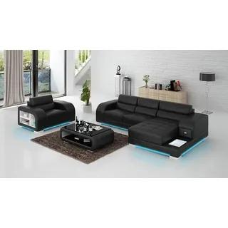 Ledersofa mit USB Couch Wohnlandschaft Ecksofa + Sessel Garnitur Design Sofa Neu