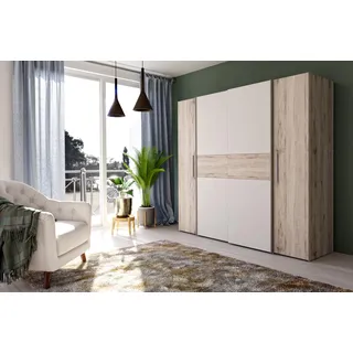 FORTE KALIXTUS Schrank 200, Kleiderschrank, Schwebetürenschrank Skandinavisch Schlafzimmer Drehtürenschrank, 4-türig, Holzdekor: Sandeiche/Weiß, 200 cm breit x 190.5 cm hoch x 62 cm tief