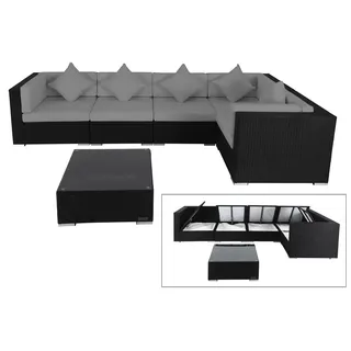 OUTFLEXX Loungemöbel-Set Polyrattan, schwarz, für 5 Personen, inkl. Kaffeetisch, wasserfeste Kissenbox