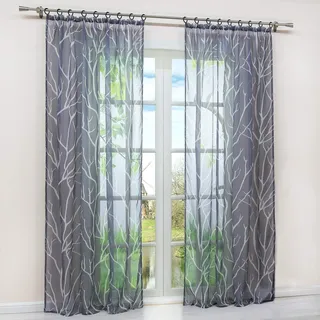 HongYa 1 Stück Transparente Gardine Schal mit Kräuselband Voile Vorhang Fensterschal Äste Muster H/B 145/140 cm Grau